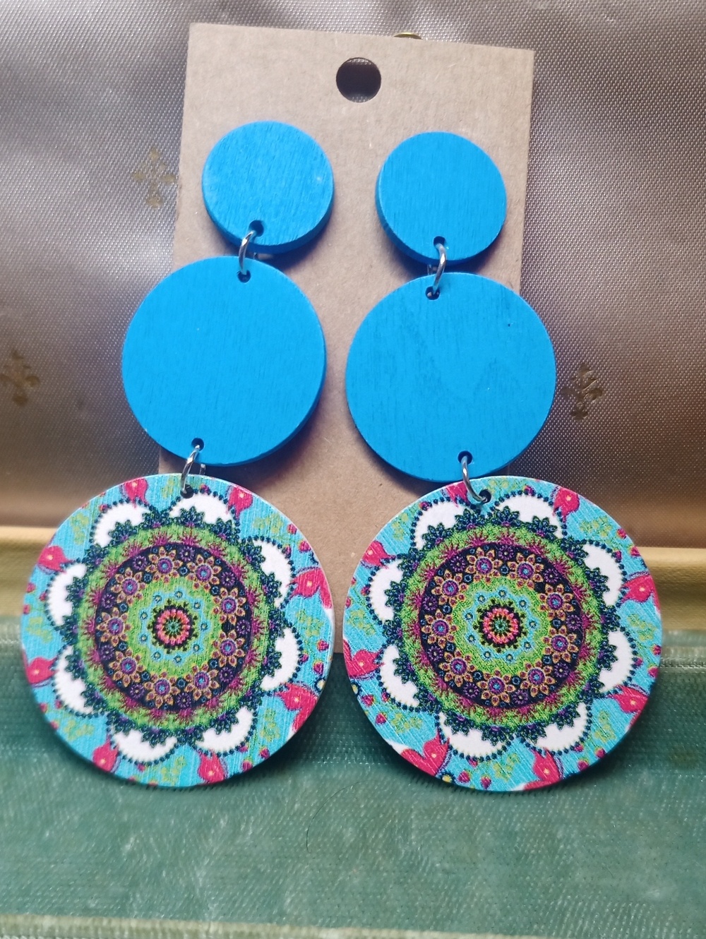 Blue Wood Mandala Drop Earrings